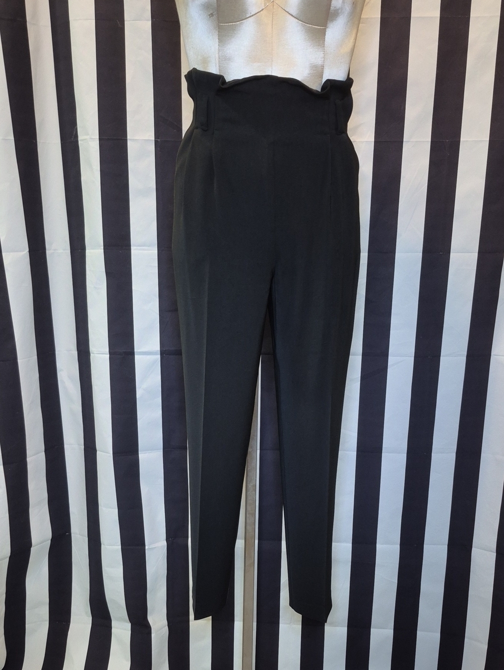 High-Waist Paper Bag-Waist Black Tapered Pants